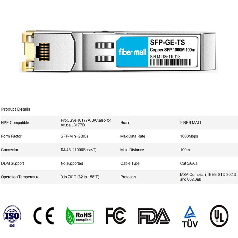 fiber mall SFP to RJ45 for HPE Procurve J8177C J8177B HPE Aruba J8177D J8177DCM JL747A 1000BASE-T SFP Copper RJ-45 100m Transceiver Module - Image 3